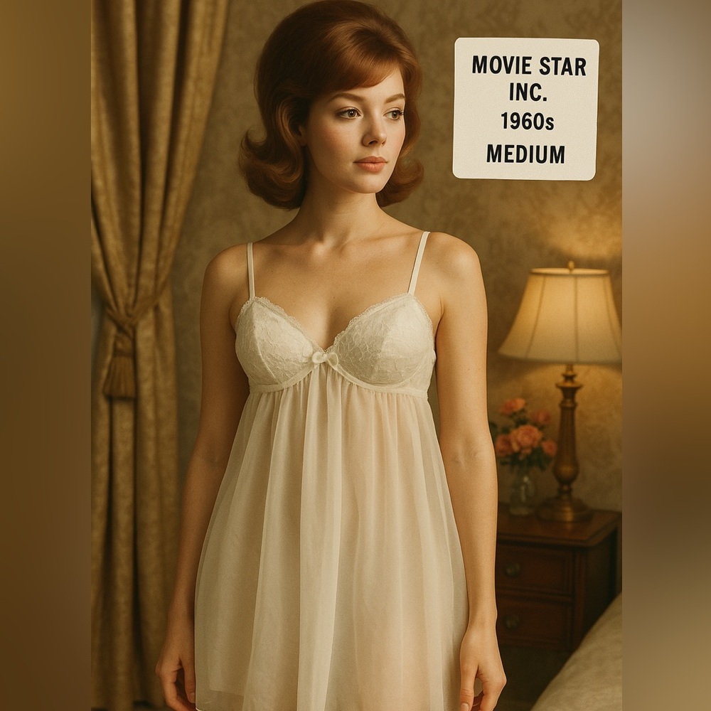 Vintage 1960s Movie Star Inc White Nylon Lace Babydoll Nightgown M RN 15411